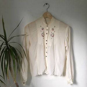 SOLD-Vintage Embroidered Silk Collarless Button Blouse